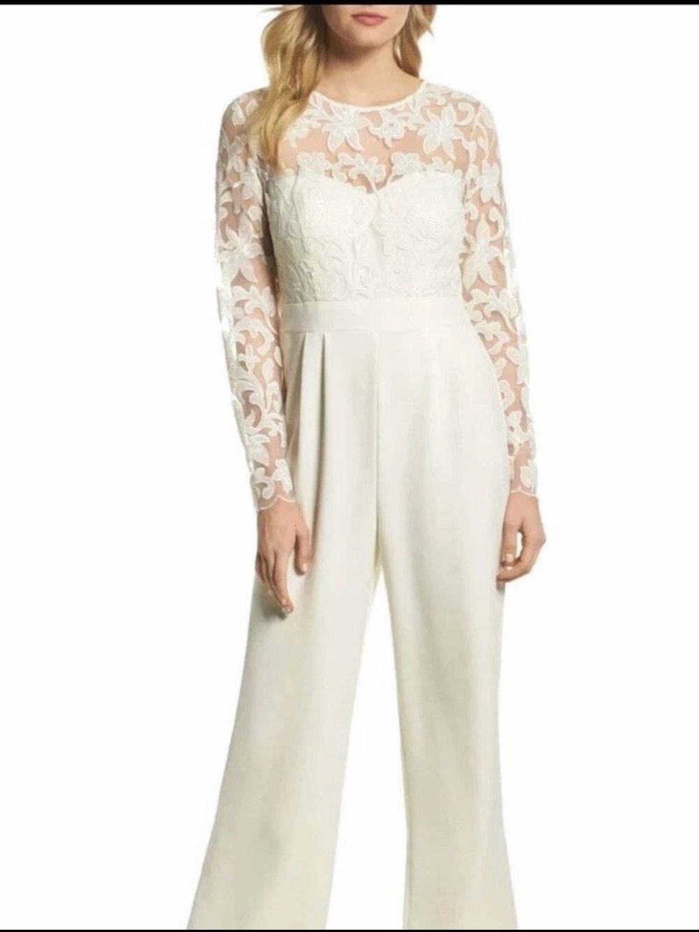 ELIZA J Embroidered Bodice Ivory Wide Leg Jumpsuit Size 12